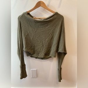 Free People crew neck, cropped, super soft olive green sweater.